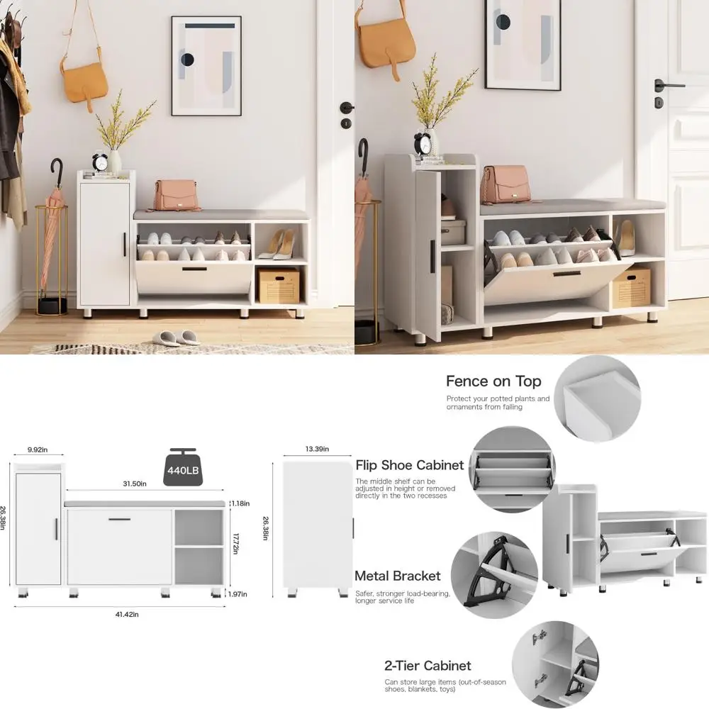 

White Shoe Storage Bench with Flip Drawer and Adjustable Metal Feet for Home Shoe Cabinet