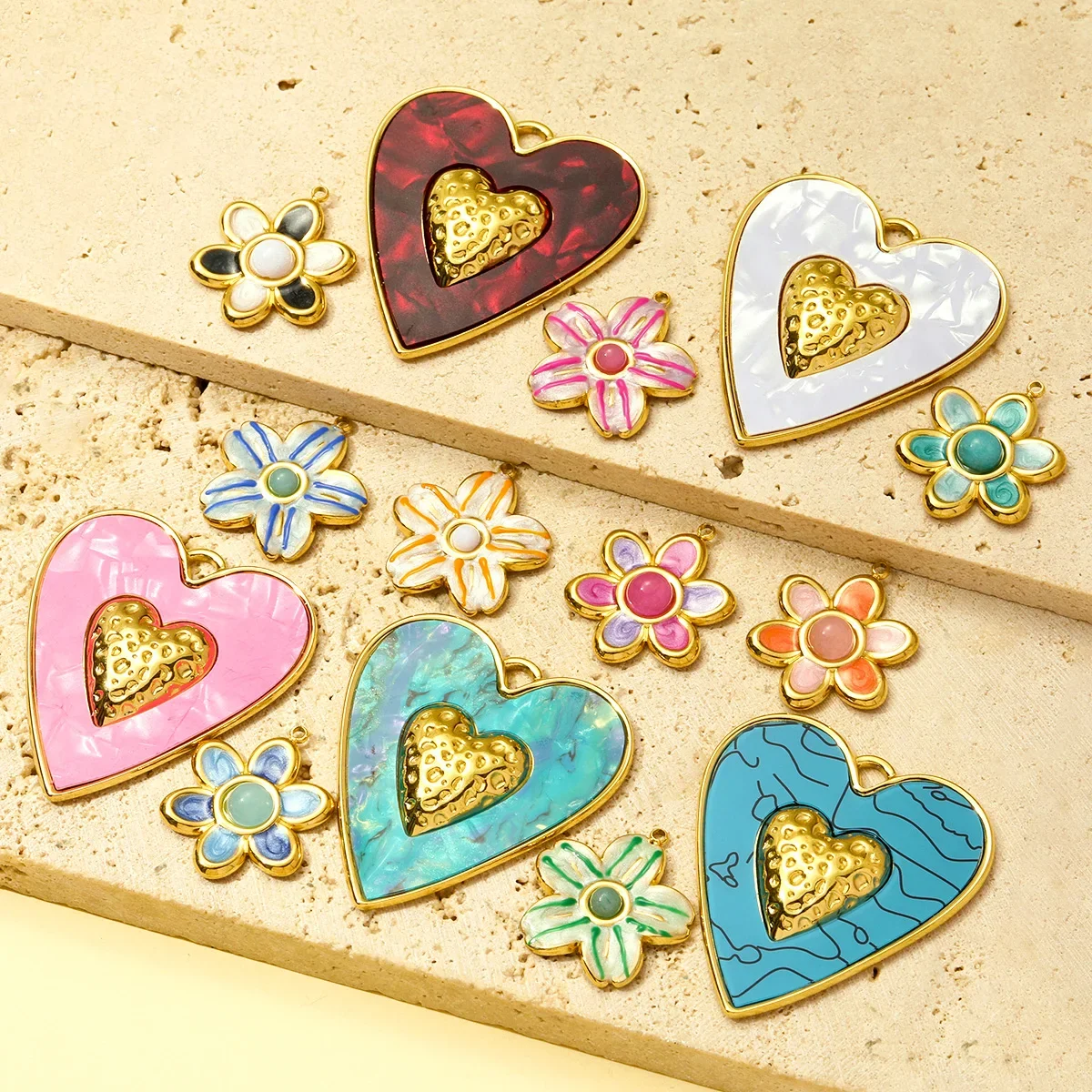 

3pcs/Lot Stainless Steel Big Size Heart Pendant Enamel Flower Natural Stone DIY Charms Women Necklace Earrings Making Jewelry