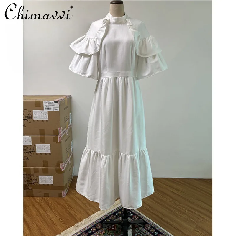 

2024 French Retro Three-Dimensional Ruffle Leaf Edge White Waist and Thin Vest Long Photo Standard Dress For Women