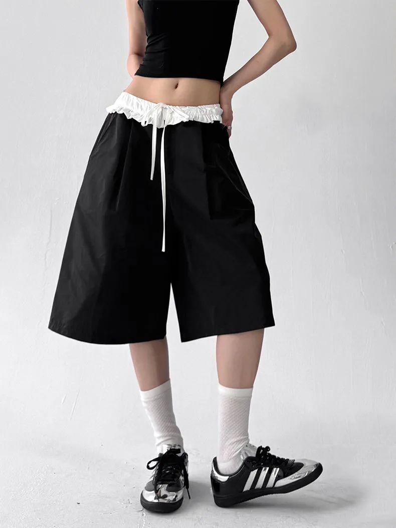 Women's Wide Leg Cargo Shorts Ruffle Waist Drawstring Loose Fit Casual Streetwear Summer Y2K Aesthetic High Waist Shorts