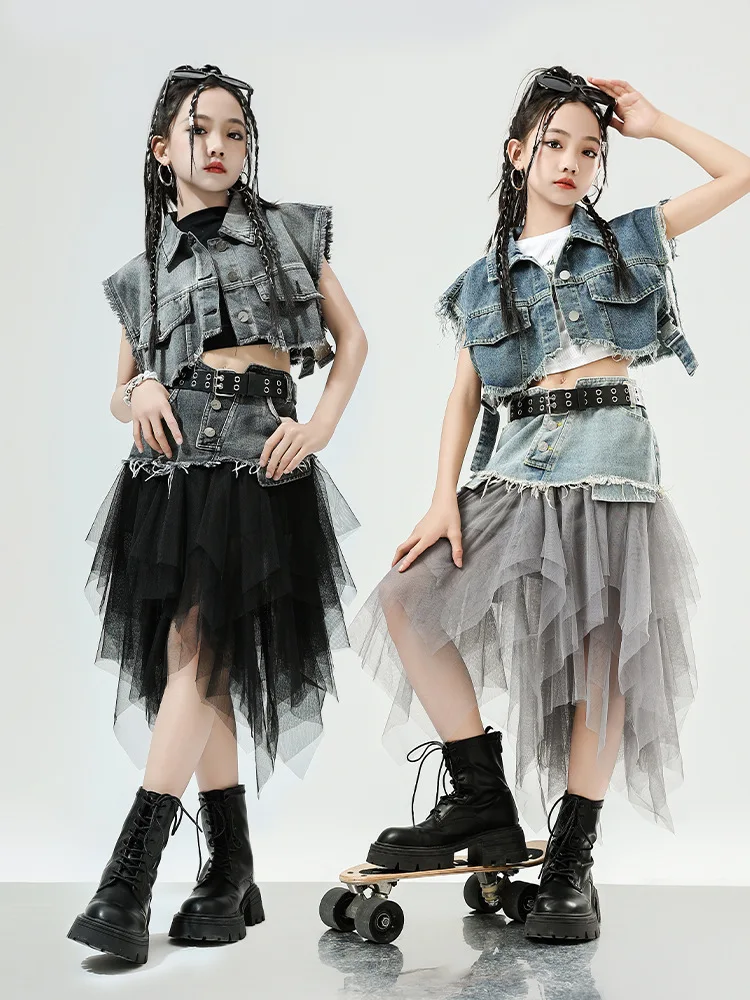 

Одежда для девочек в стиле хип-хоп: джинсовая безрукавка, жилет, топ, уличная юбка с сетчатыми вставками для детей, костюм для джазовых танцев