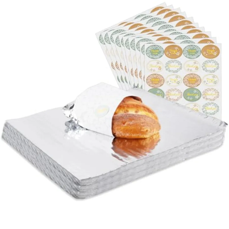 

12 x 14 PreCut Insulated Sandwich Wrap Paper with Stickers 200 Pack Aluminum Foil Sheets for Wrapping Hamburger Taco Hotdog and
