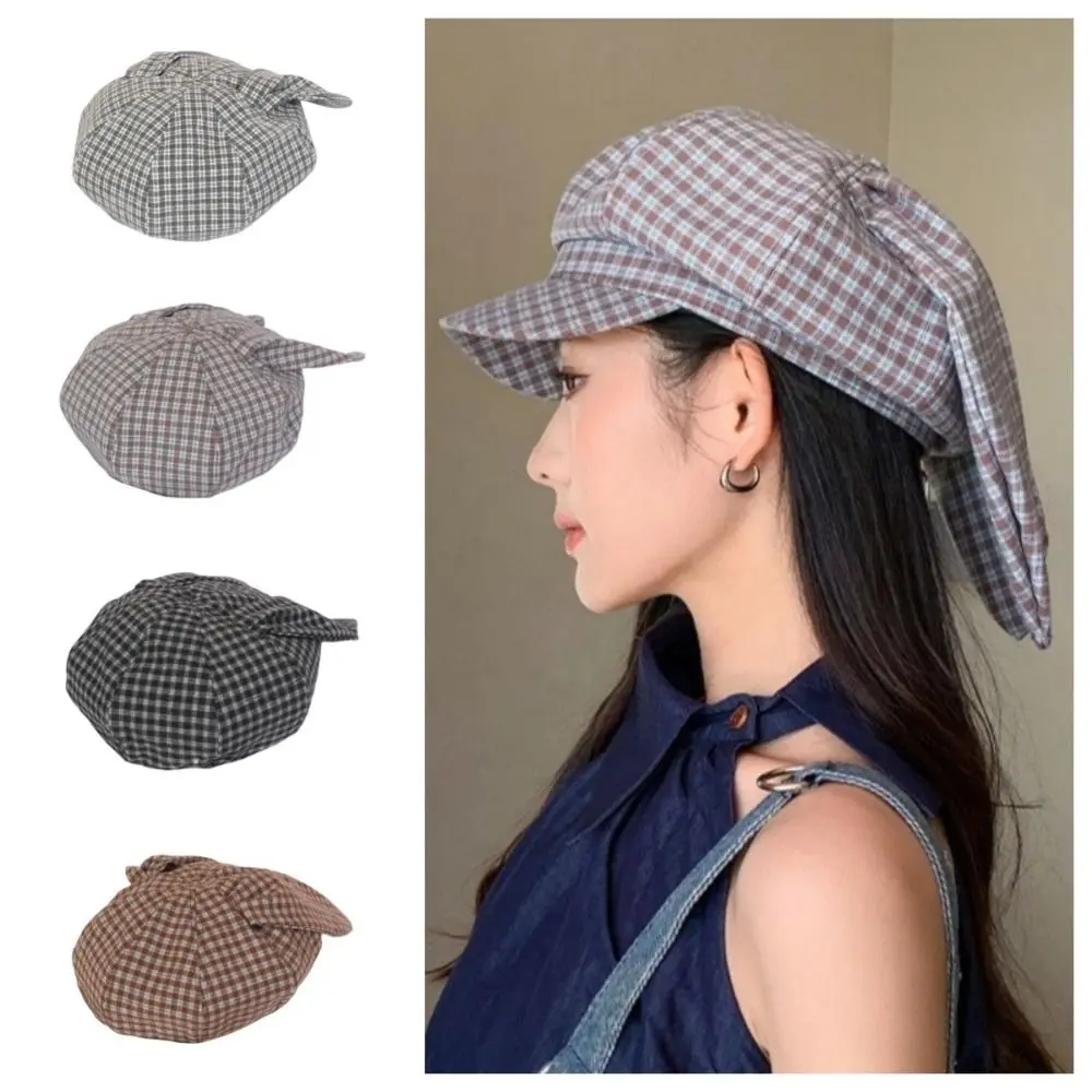 

Korean Style Rabbit Ears Octagonal Hat Versatile Big Head Circumference Plaid Beret Sunscreen Polyester Women Artist Hat Girls
