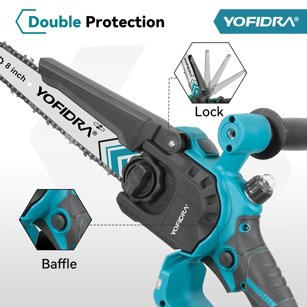 YOFIDRA Brushless 8 Inch Electric Chainsaw Cordless Woodworking Pruning Saw Garden Cutting Power Tool For Makita 18V Battery Pin