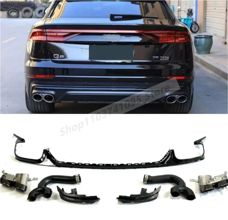 ABS Black Rear Bumper Trunk Door Diffuser Lid Spoiler Exhaust Tips For Audi Q8 S-line Q8 SQ8 2018 2019 2020 2021 2022 2023 2024