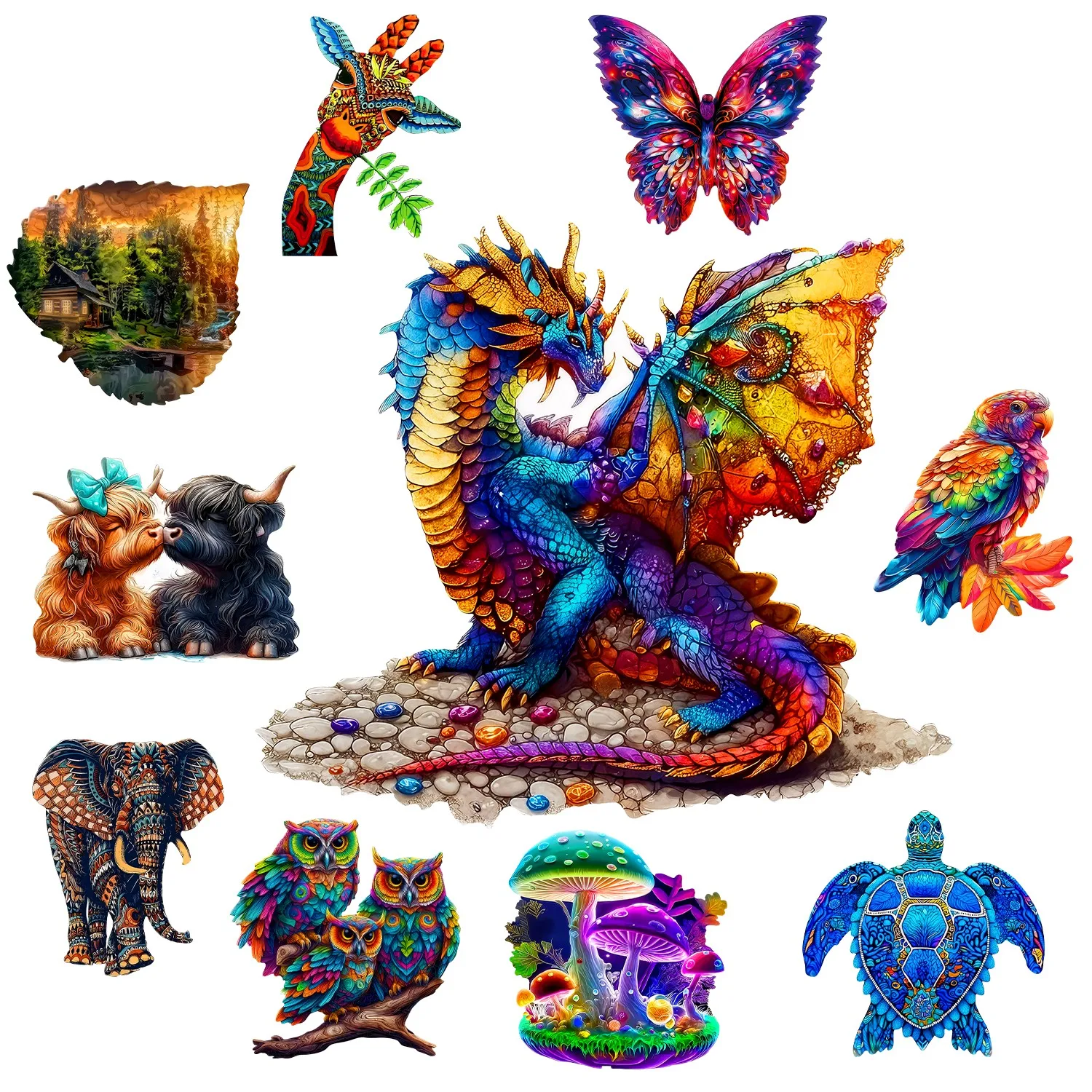 

Gemstone Dragon and Animals Theme Wooden Jigsaw Puzzle Wooden Decor Painting Christmas and Halloween Gift Toy for Teen and Kid