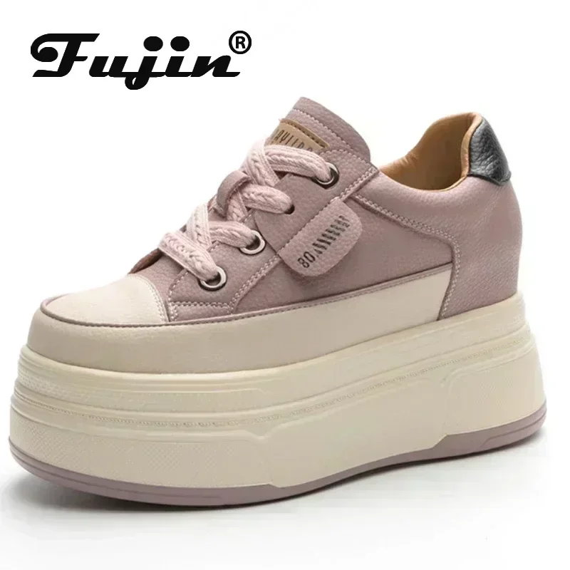 Fujin 9cm 암소 스웨이드 정품 가죽 여성 Vulcanized 신발 플랫폼 웨지 스케이트 탑승 하이 브랜드 힐 캐주얼 여름 신발