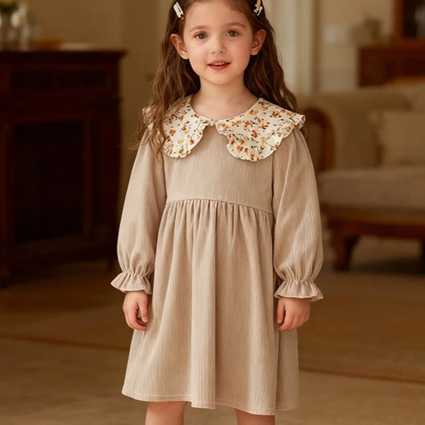 Saia de menina 2025 primavera e outono novas roupas infantis meninas bebê doce gola boneca flor impressão princesa saia simples