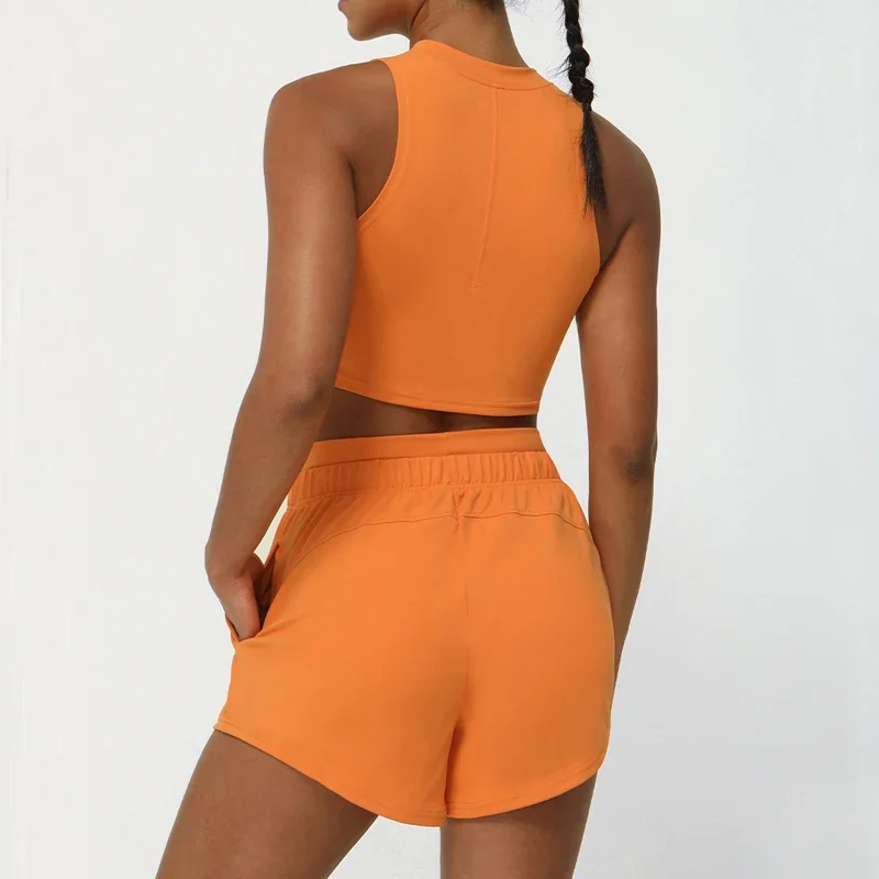 Mulheres duas peças de fitness yoga conjunto verão cor sólida ginásio correndo terno respirável secagem rápida curto roupas esportivas treino