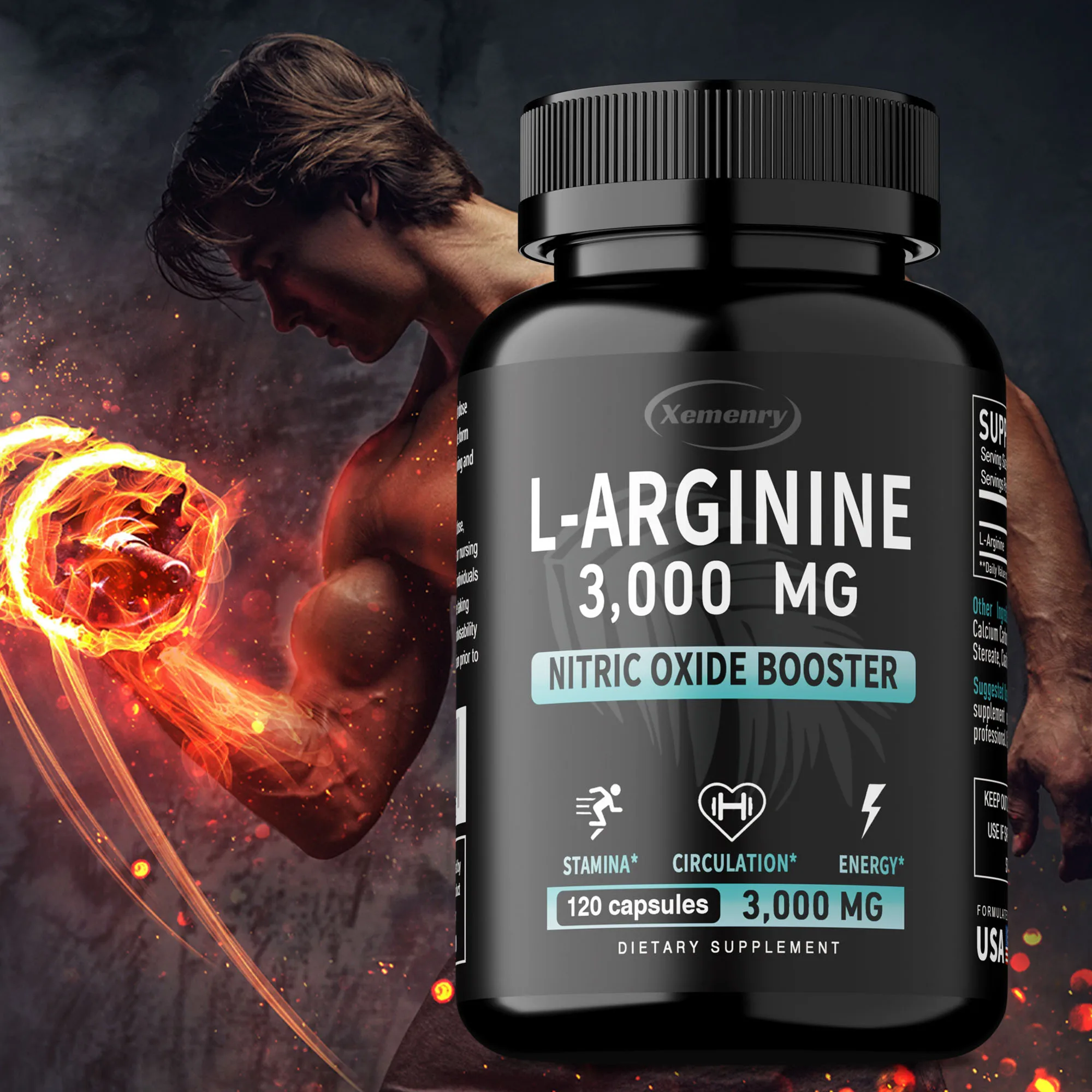 L-Arginina 3000mg - Suplemento de resistencia y resistencia para hombres, apoya la salud reproductiva - 120 cápsulas
