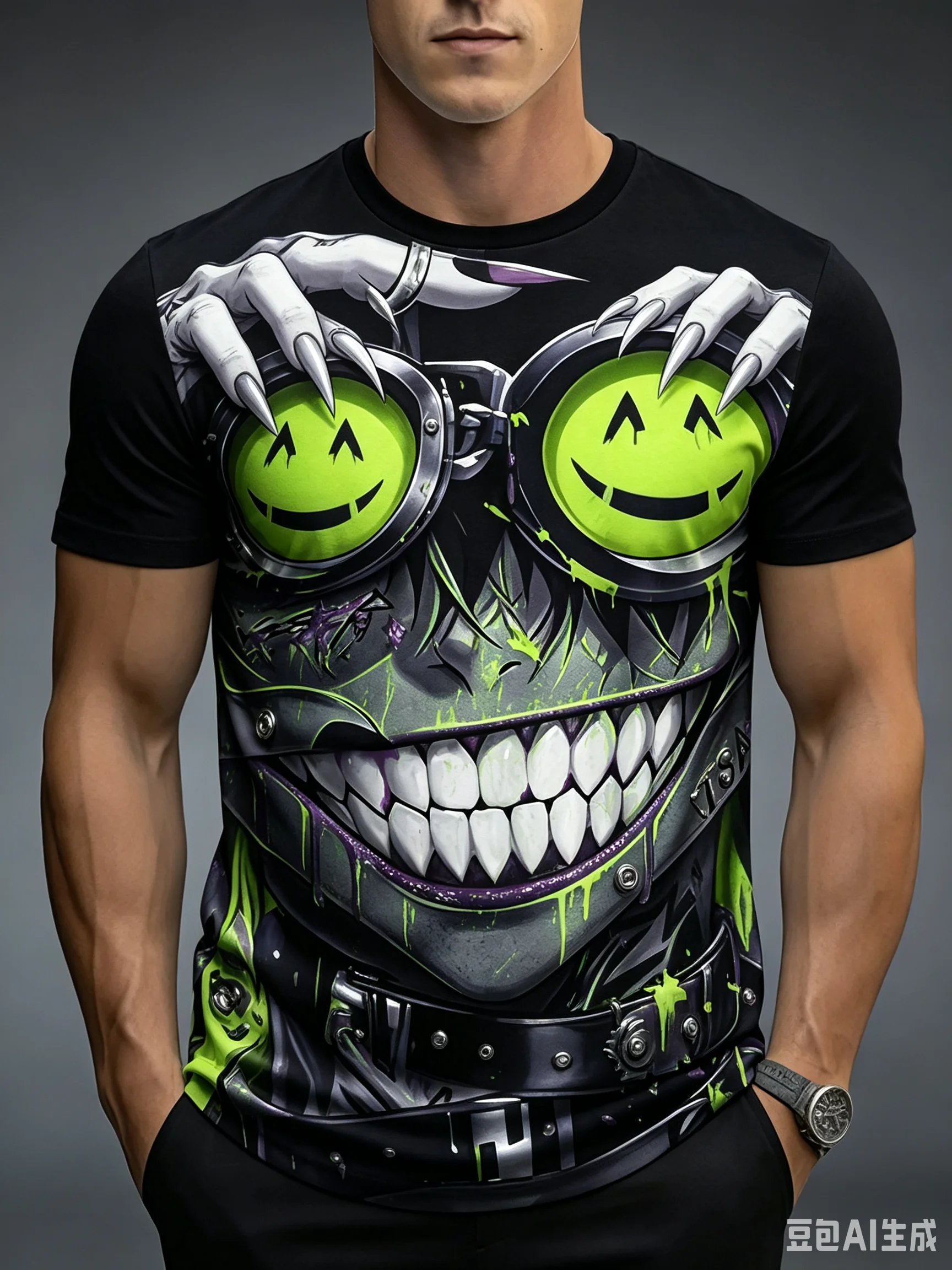 Men's Dark Streetwear T-Shirt, Neon Green Purple Evil Smile Print Short Sleeve Tee, Hip Hop Punk Gothic Casual Graphic Top