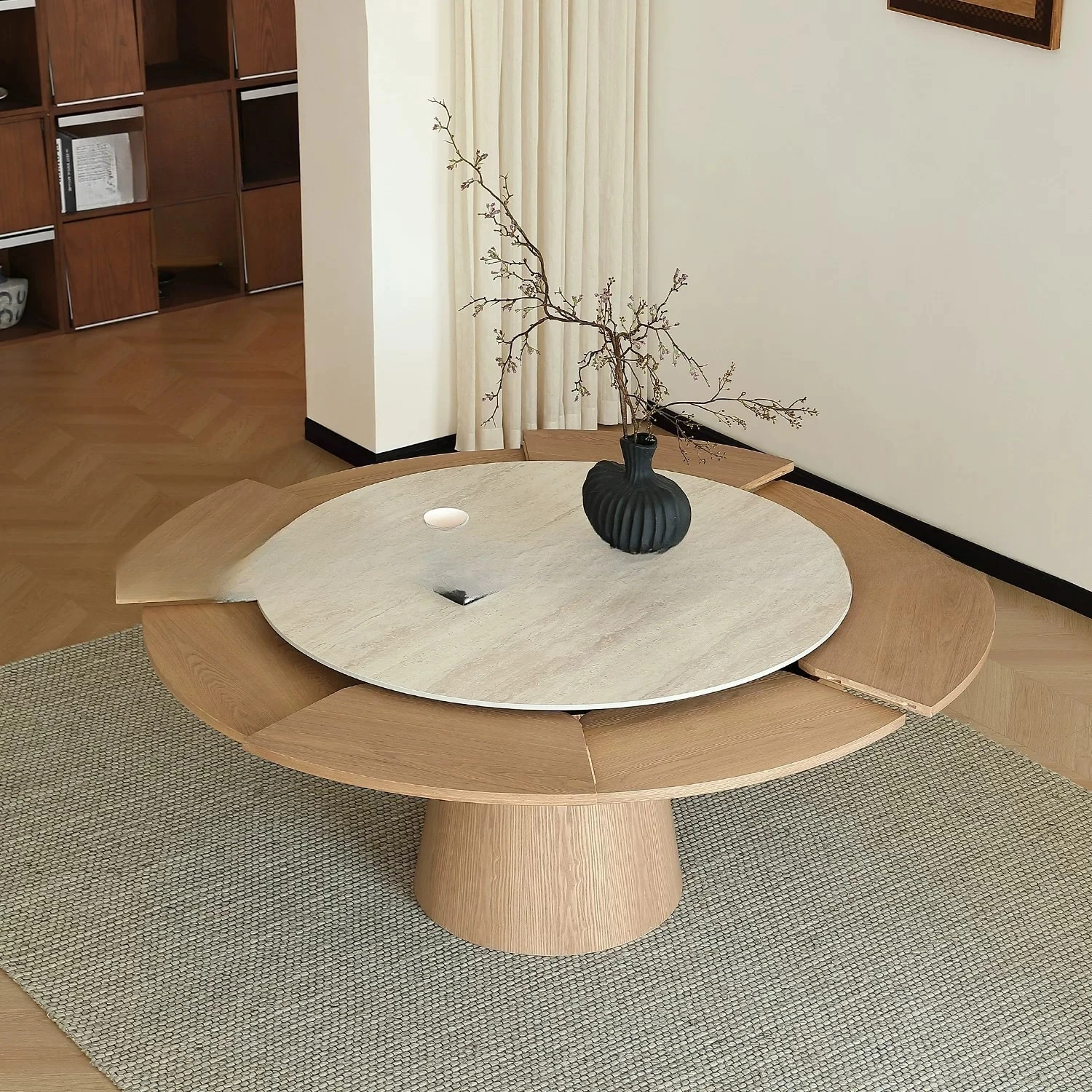 Log wind rock slab round dining table, retractable and deformed, ancient solid wood round table in cream wind