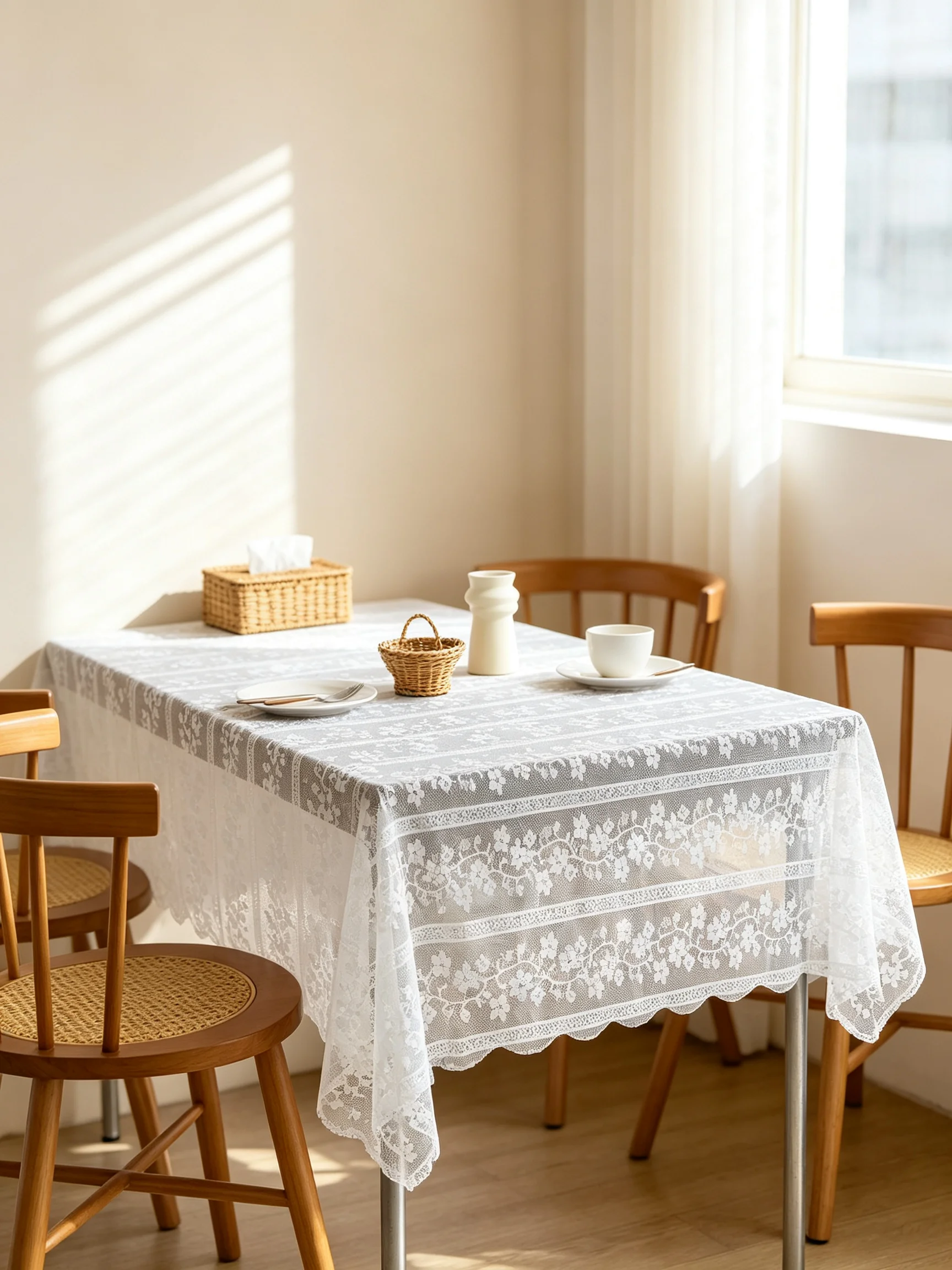 1Pc White Lace Tablecloth | Floral Hollow‑Out, Scalloped Edge, Semi‑Sheer | Dust‑proof, Reusable | Dining Room Home Decor
