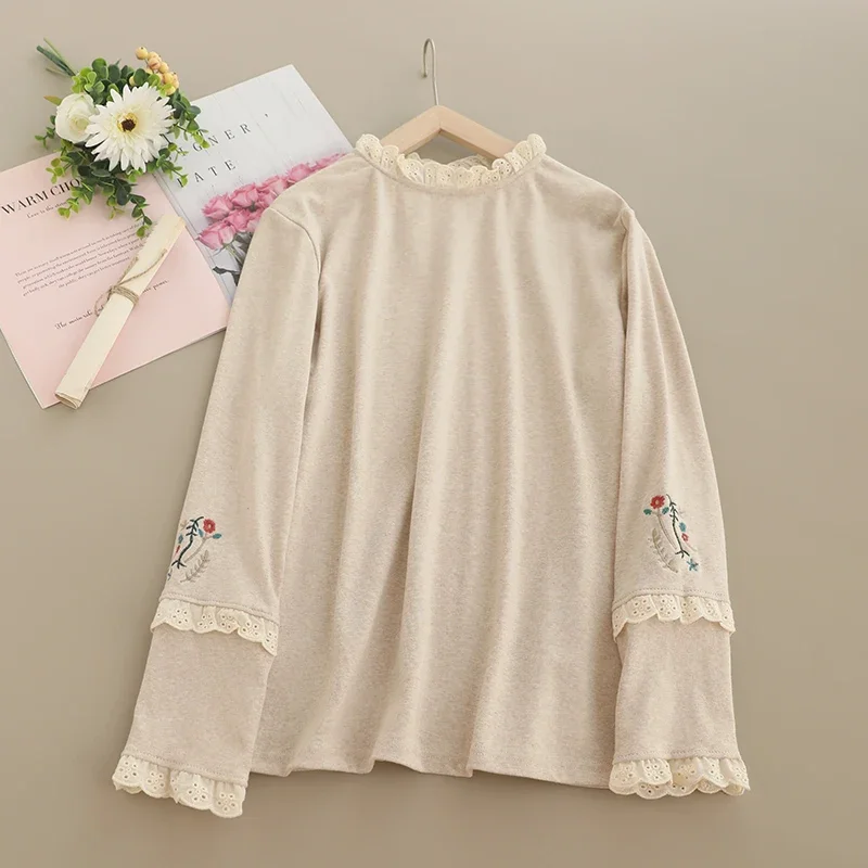 Spring Sweet Mori Girl Ruffles Collar Floral Embroidery Base Slim T-shirt Women Long Sleeve Casual Tops