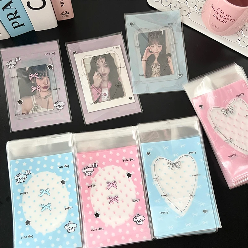 

50Pcs Ballet Style Self-adhesive Opp Bag Cute Bowknot Heart Print Photocard Holder Card Cover Protector Photo Film Protector