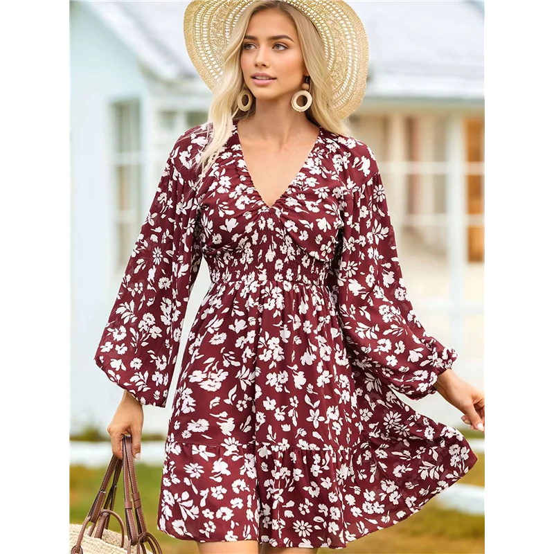 CGS-Donna Autunno Boho Floreale Scollo a V Manica lunga Smocked Elastico in vita Casual A-Line Mini abito prendisole