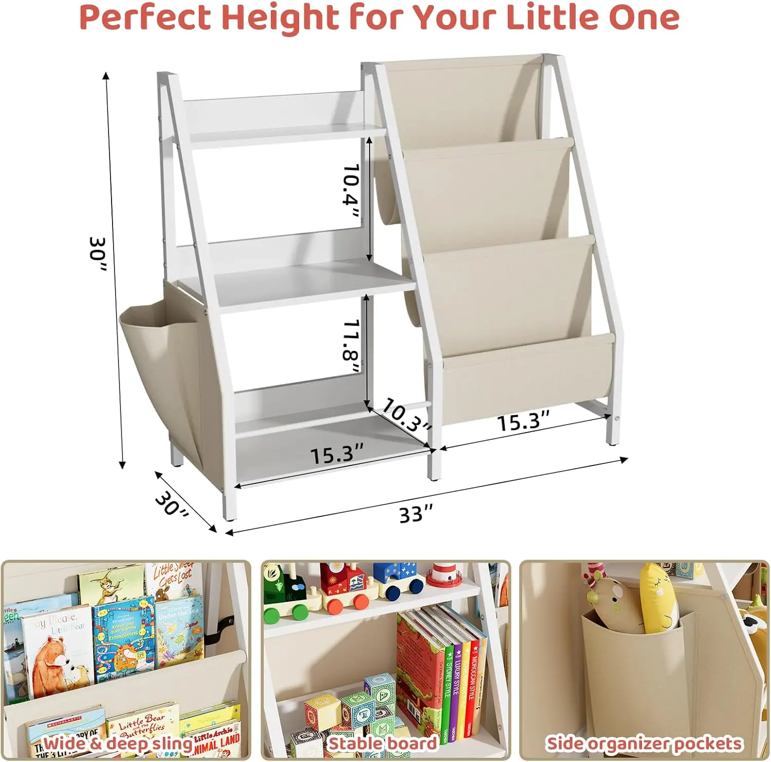 

Kidinix Kids Bookshelf And Toy Storage Organizer, Linen Hanging Bookrack For Kids Rooms, Nursery, Playroom, 3-Tier Montessori