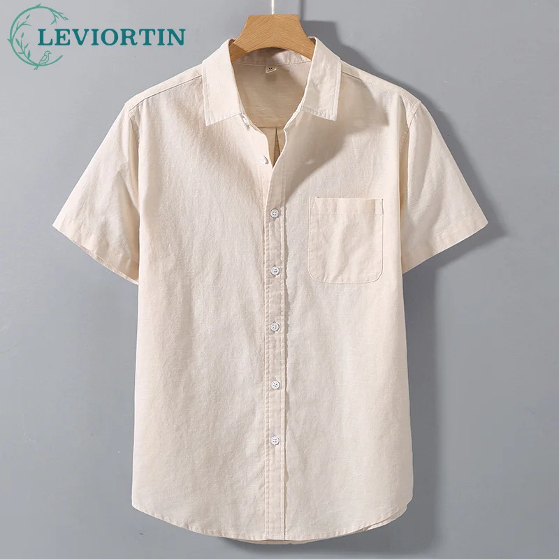 

Fashion Mens Cotton Linen Simple Basic Shirt Summer Japanese Solid Color Short Sleeve Pocket Lapel Blouse Daily Tops