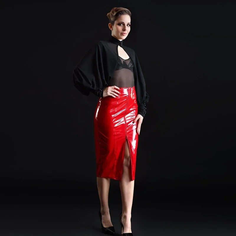 High Waist Faux PU Leather Midi Skirts Women Sexy Front Split Pencil Skirts Ladies Shiny Patent Leather Slim Clubwear New Custom