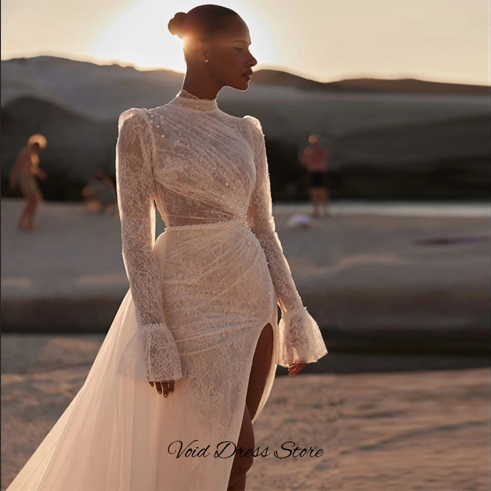 High Collar Long Sleeves Wedding Dress with Side Slit Elegant Mermaid Lace Bridal Gowns High Quality Tulle Vestido De Novia