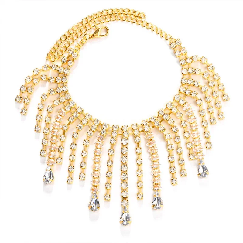 Stonefans Bohomian Rhinestone Irregular Tassel Anklet for Women Charm Barefoot High Heel Layered Anklet Crystal Foot Jewelry
