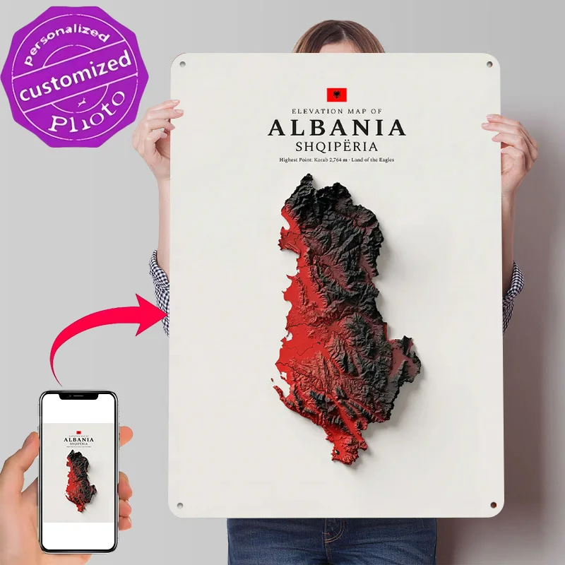 Albania Elevation Map 3D Printed Texture Poster Personalized Wall Art Retro Metal Tin Signs for Decoration Garage Decorations