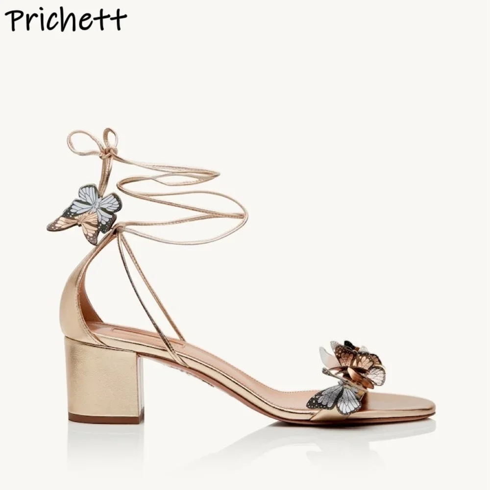 Butterfly Knot Ankle Band Sandals Gold Straight Strap Chunky Heels Slingback Leather Shoes Summer Leather Lace Up Shoes 2025