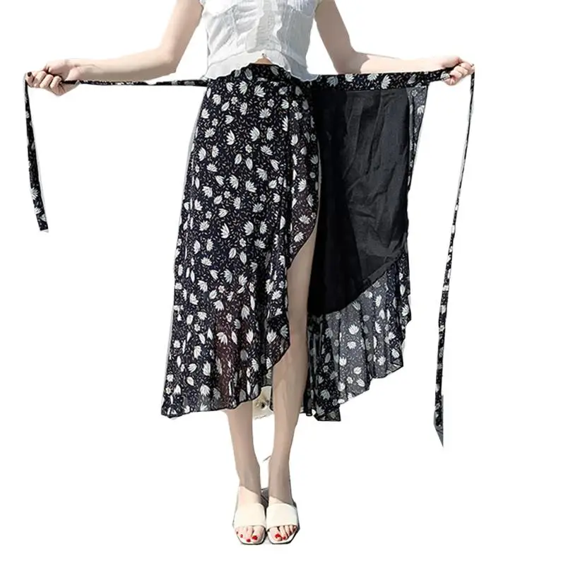 New 2025 Women Summer Hight Waist Flower Printed Maxi Skirt Bohemia beach skirt Korean Asymmetrical chiffon skirts plus size 5XL