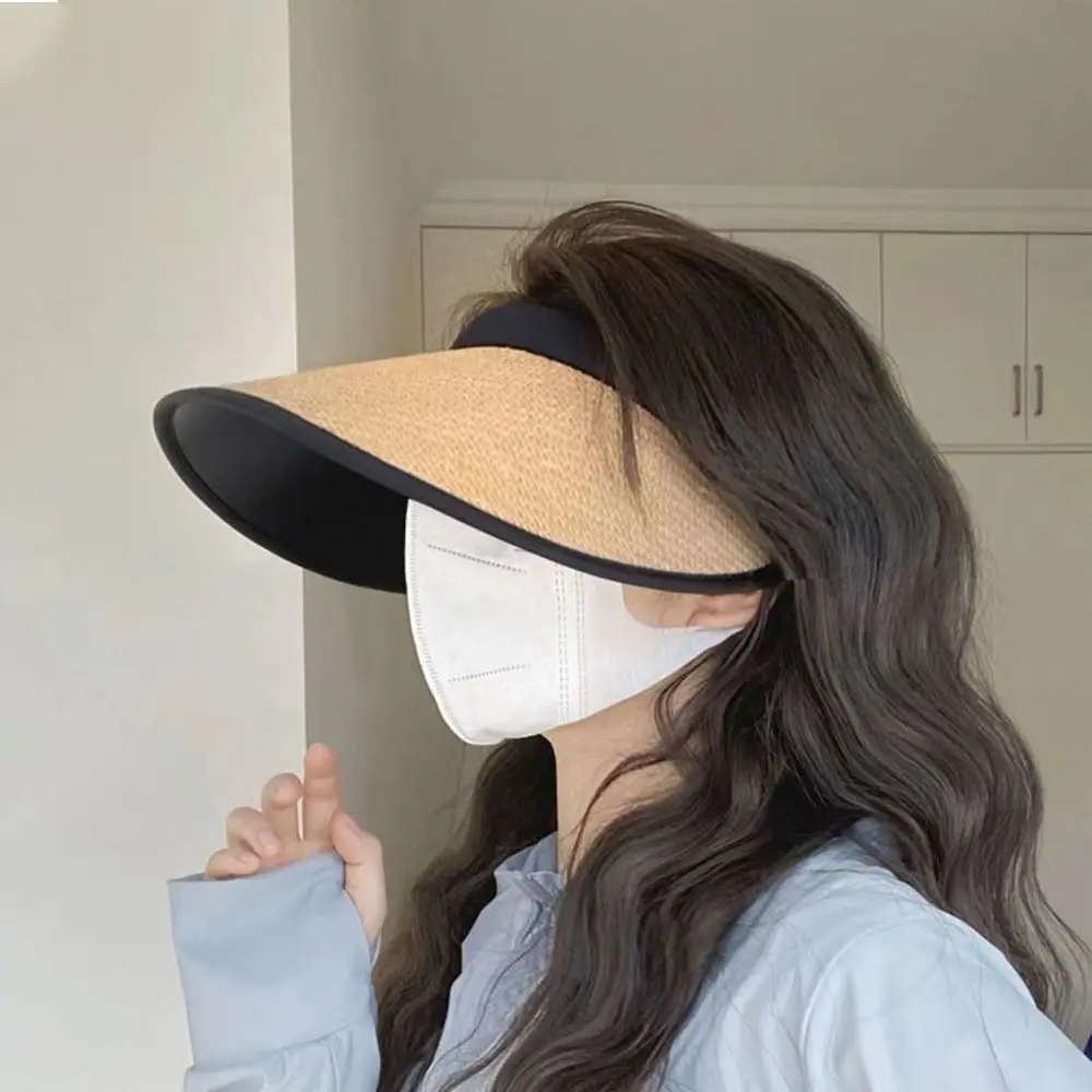 Practical Visors Straw Hat Sun Protection UV Protection Empty Top Hat Large Eaves Ponytail Hat