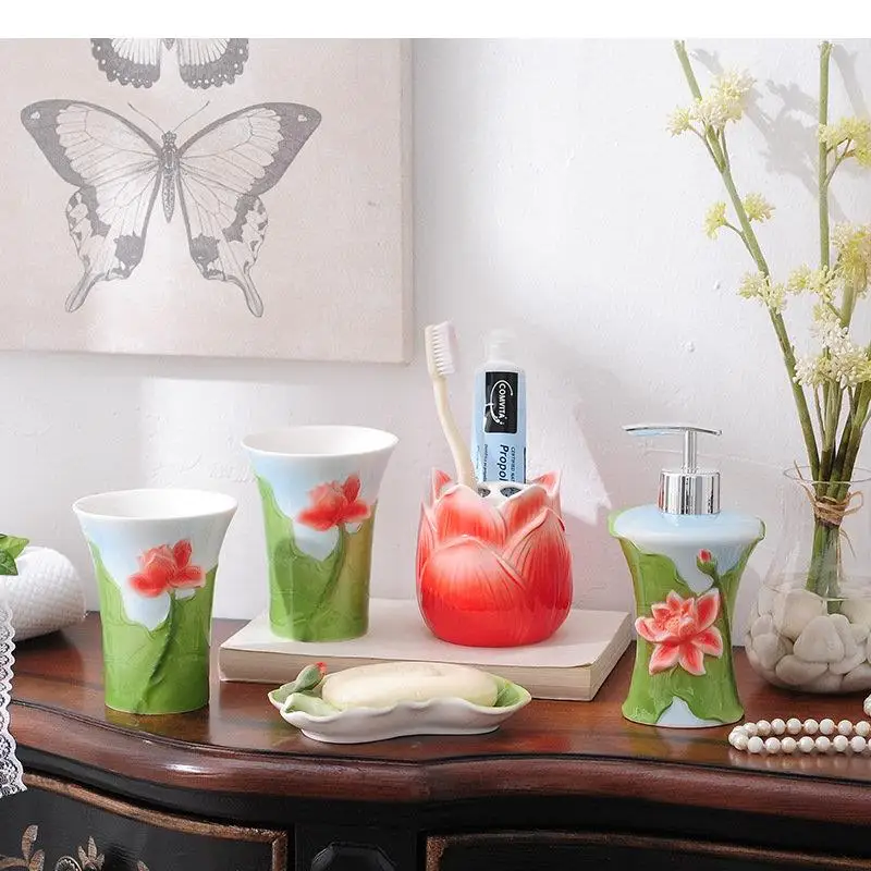 

Lotus Ceramic Bathroom 5-piece Set Toiletries Wash Set Bathroom Accessories Emulsion Bottle Couple Mouthwash Cup Soap Dish Gift