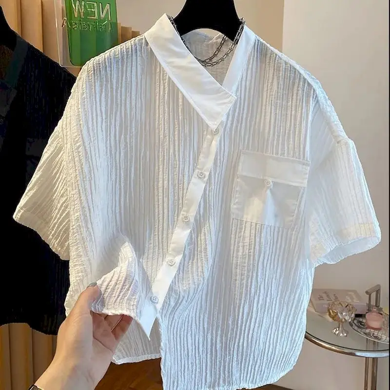 Fashion Design Shirts Women Niche Irregular Placket Pleated Texture Sense Shirt Casual Loose Short Sleeve Blouse Summer Trend