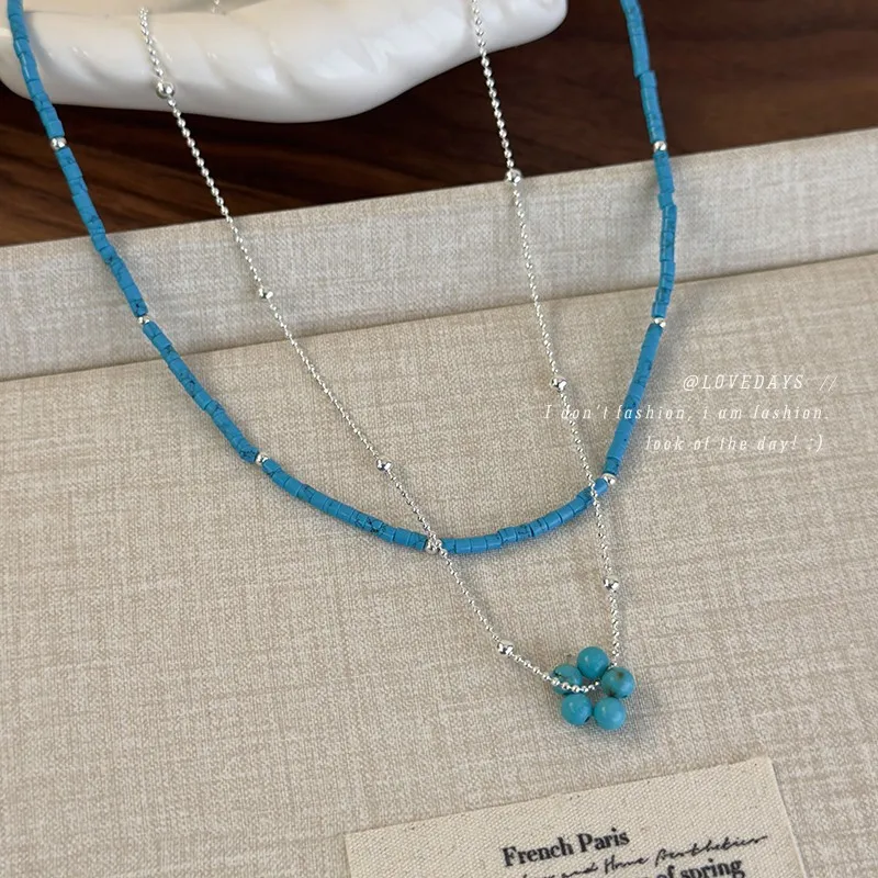 Necklace Floral Beaded Blue Stone Stackable Choker Neo Chinese Ethnic Fresh Premium  Durable Versatile for Women Daily