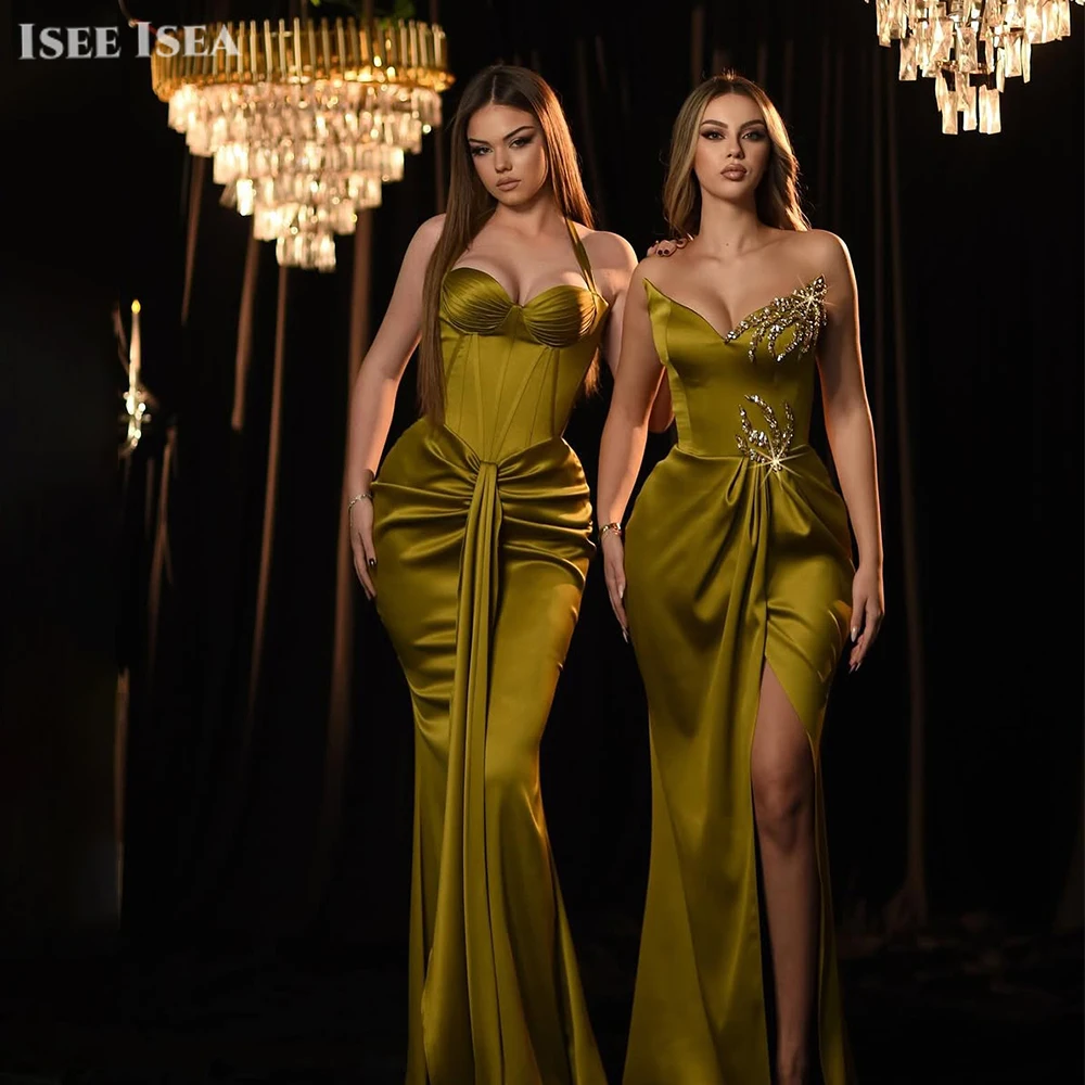 グリーンイブニングドレス女性 2025 サテンマーメイドオフショルダーホルターウエディングドレス優雅な恋人の結婚式のゲストドレスカスタマイズ