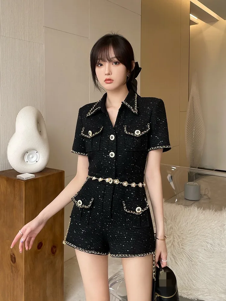 Office Ladies Spring Summer Tweed Rompers Black Short Sleeve Slim Fit Designer Elegant High Waist Shorts Women Vintage Playsuits