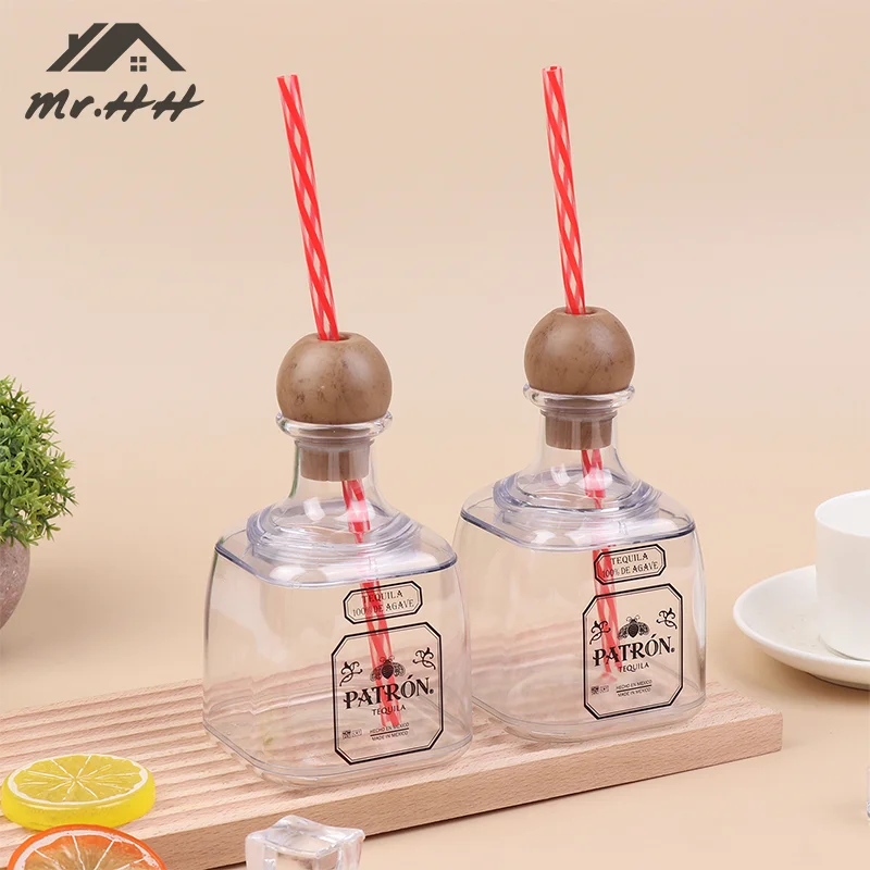 375ml Mini Tequila Bottle With Straw Hole Acrylic Reusable Cup Small Patron Bottle Empty For Drinking Kitchenware