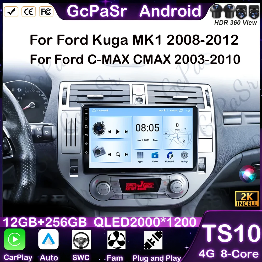 Android 16 para ford kuga mk1 2008-2012 para ford C-MAX cmax 2003-2010 rádio do carro gps 2k tela carplay 4g wifi vídeo estéreo dsp bt