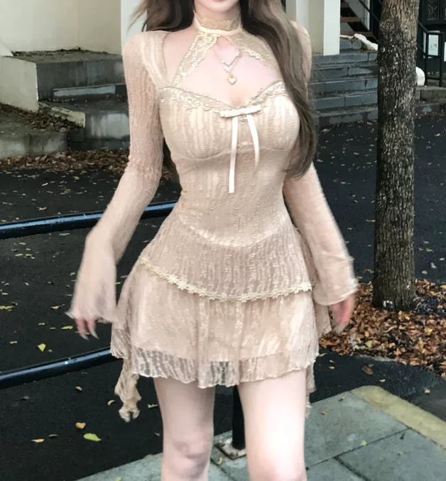 Women Autumn Sweet Bow Halter Neck Lace Sexy Dresses Fashion High Waist Versatile Age Reduction Irregular Long Sleeve Dress