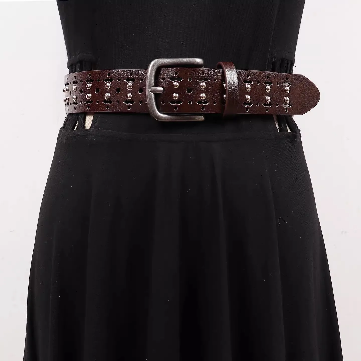 

Женский винтажный пояс-корсет из искусственной кожи с перфорацией и заклепками, широкий декоративный пояс для платья R3360