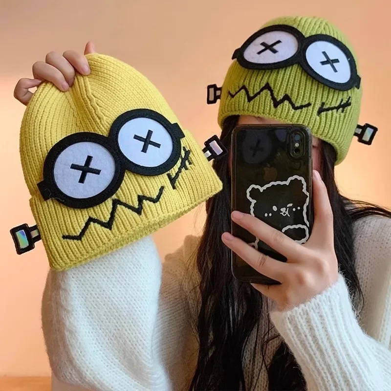 Women's Cartoon Knitted Wool Hat Winter Cute Plush Beanie Warm Face Slimming Look