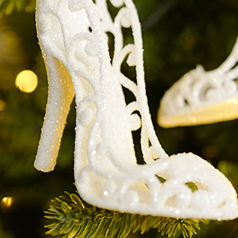 (3 Pcs/pack) 7X7cm High Heeled Shoe Pendant Christmas Tree Hanging Decoration Xmas Pendant White Elegant Versatile Party DIY