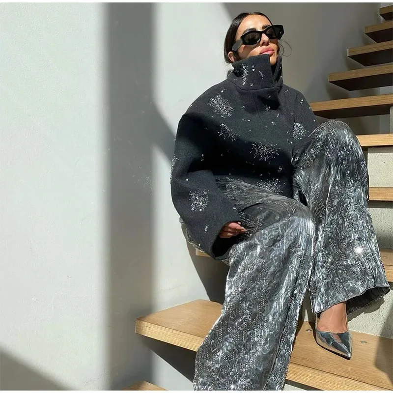 Women's Clothing Autumn Winter Women's Jacket Street Loose Single-breasted Stand-up Collar Flowers Sequins Jacket Design Coat