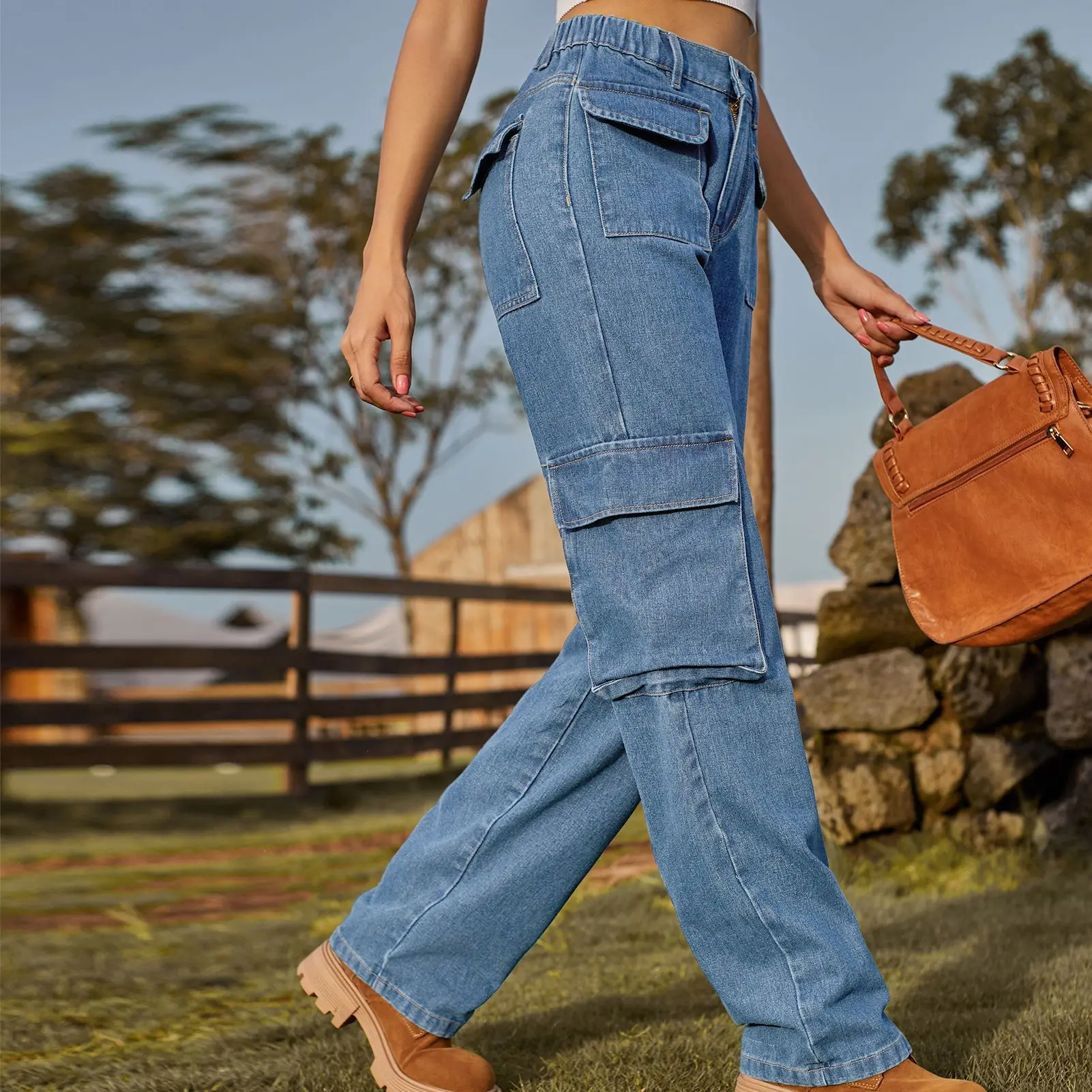 جينز نسائي ريترو أمريكي 2026 بخصر عالٍ وتصميم عمل من الدنيم، قطن متعدد الجيوب شبه مرن