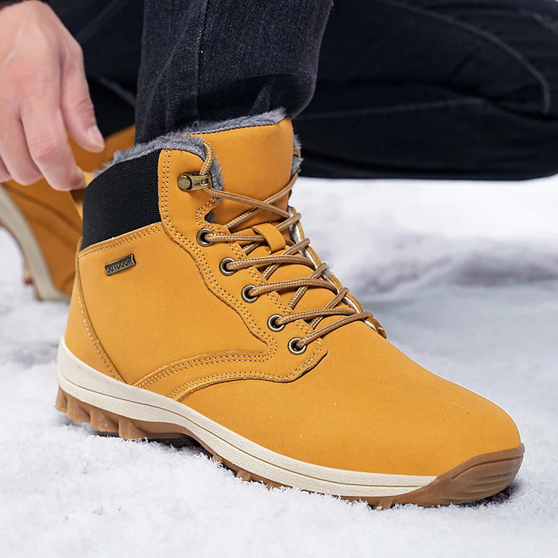 High quality ankle length leather snow boots for men size 47 48 new 2024 winter outdoor hiking mountain shoe black yellow