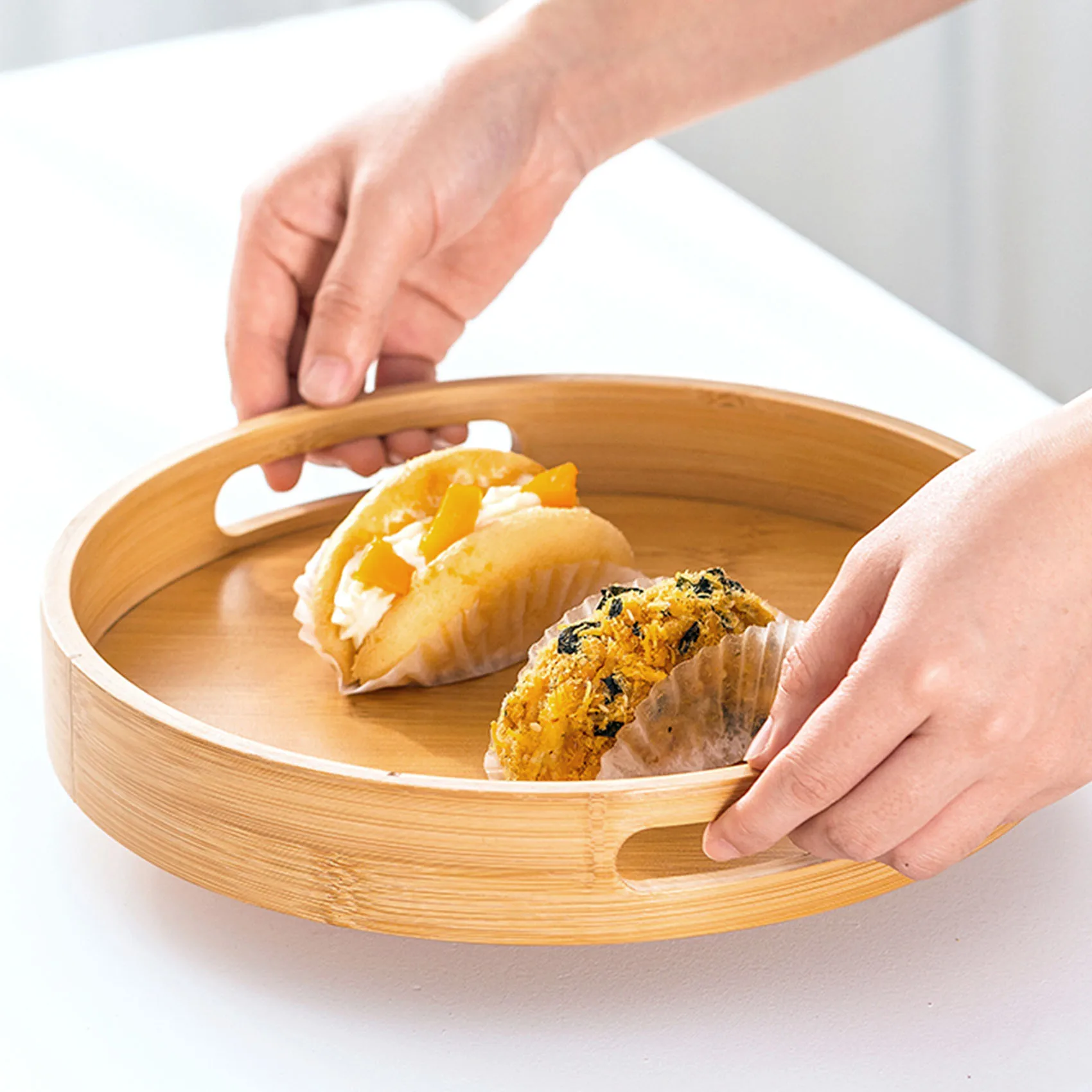 

A06RP Round Serving Bamboo Wooden Tray for Dinner Trays Tea Bar Breakfast Food Container Handle Storage Tray 2