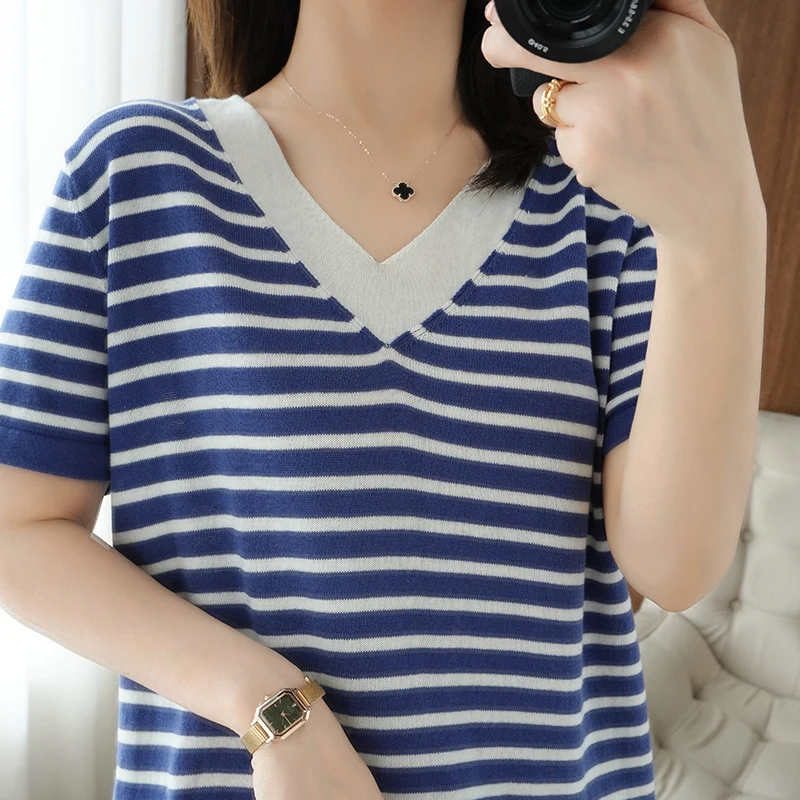 new summer cotton striped short sleeve T shirt women loose  versatile T-shirt Korean version half sleeve V collar bottom shirt