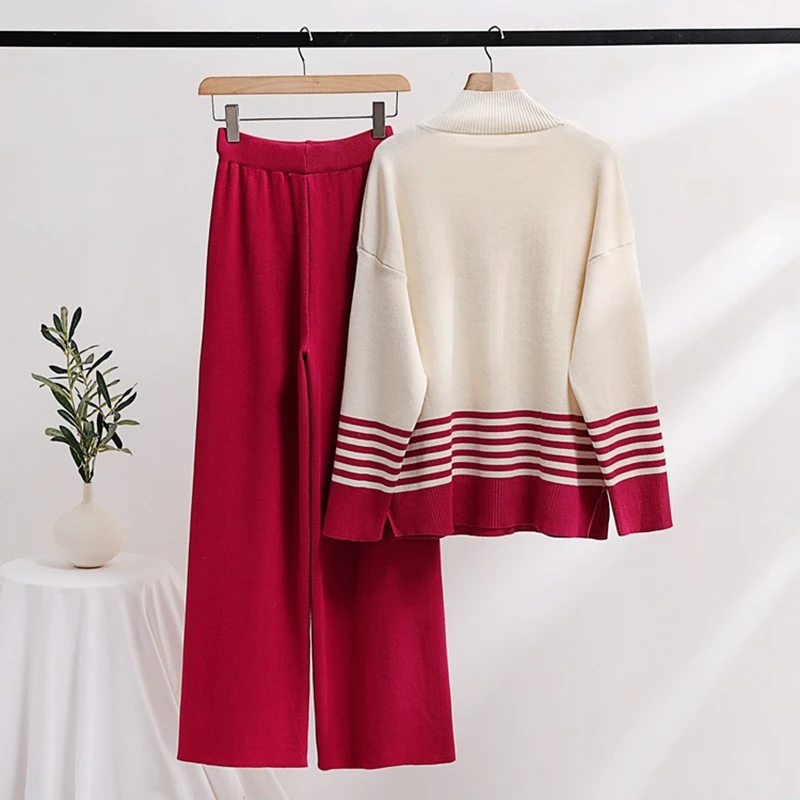 Korean Fashion O-neck Long Sleeve Stripe Pullover Women Sweater+high Waist Wide Leg Pants Two Piece Set Autumn Winter Streetwear