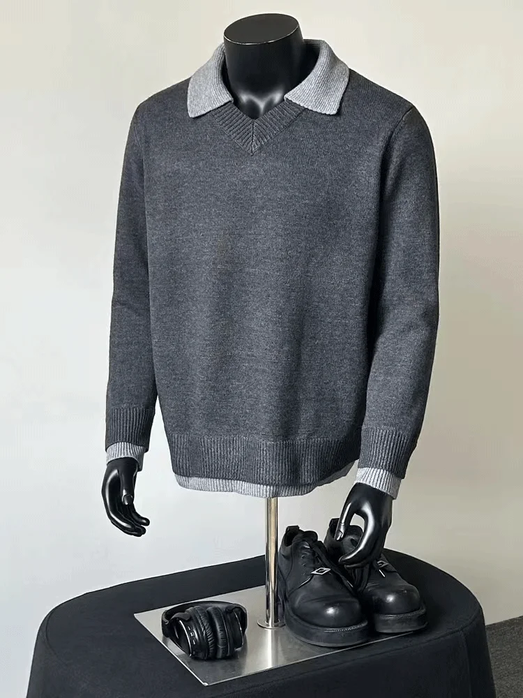 

Мужской зимний свитер Deep Grey в американском ретро-стиле с V-образным вырезом, свободного кроя, из двух частей, удобный, с длинными рукавами, в стиле Cleanfit