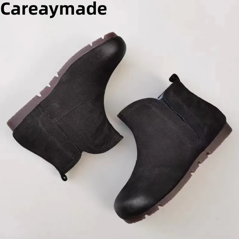 Careaymade-Genuine leather wool women's boots warm cotton flat soft sole winter anti slip man single short boots big size 35-45