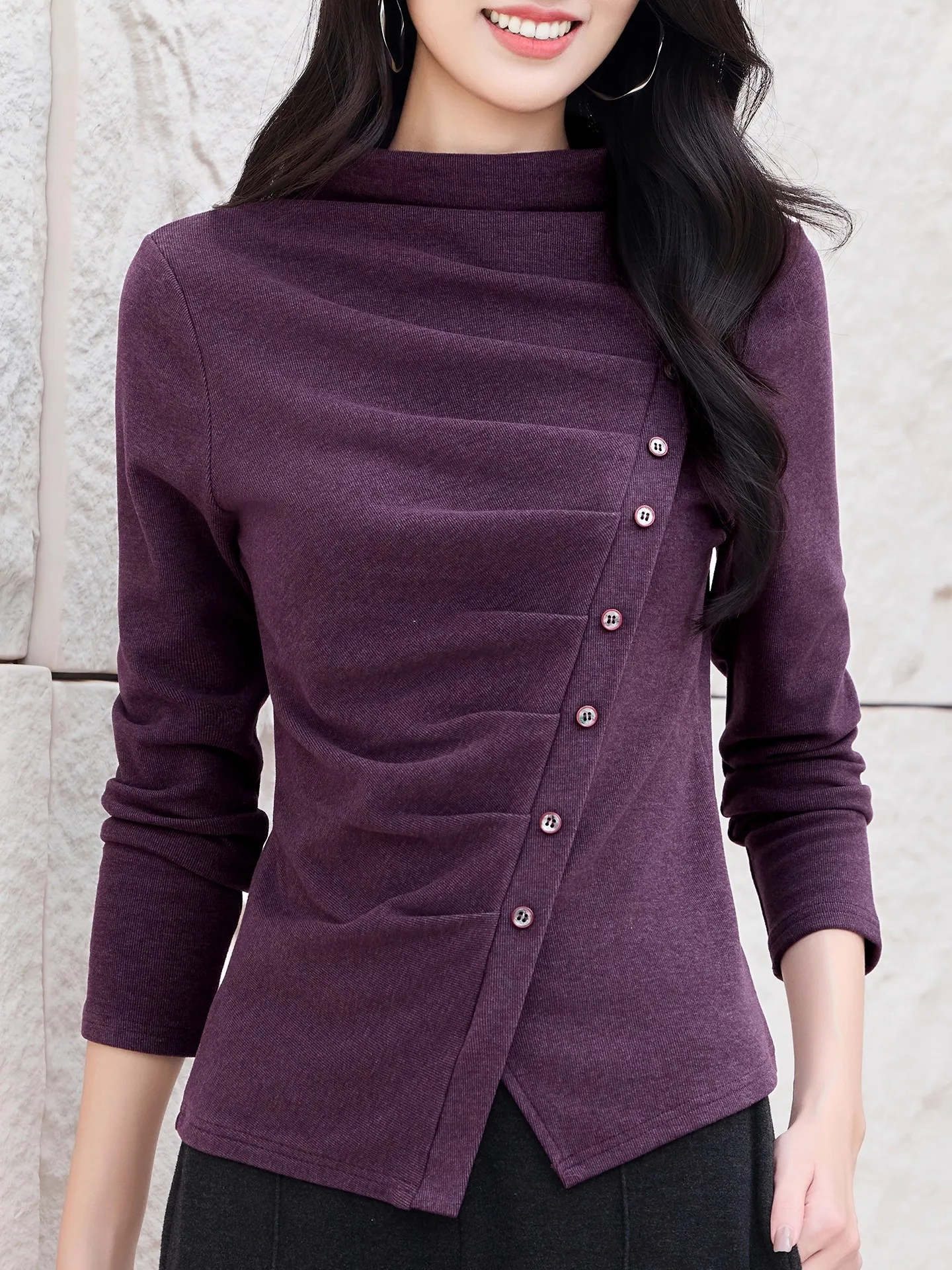 New Women Autumn Winter Irregular Design T-shirt Fashion Half High Collar Slim Waist Asymmetric Tees Casual Daily T-shirt Female