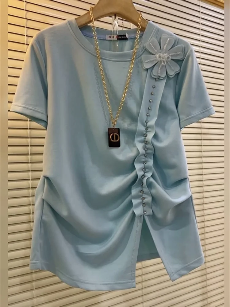

Large size women's clothing 2025 new T-shirt Korean three-dimensional flower irregular waist cinching slim fit top 100kg